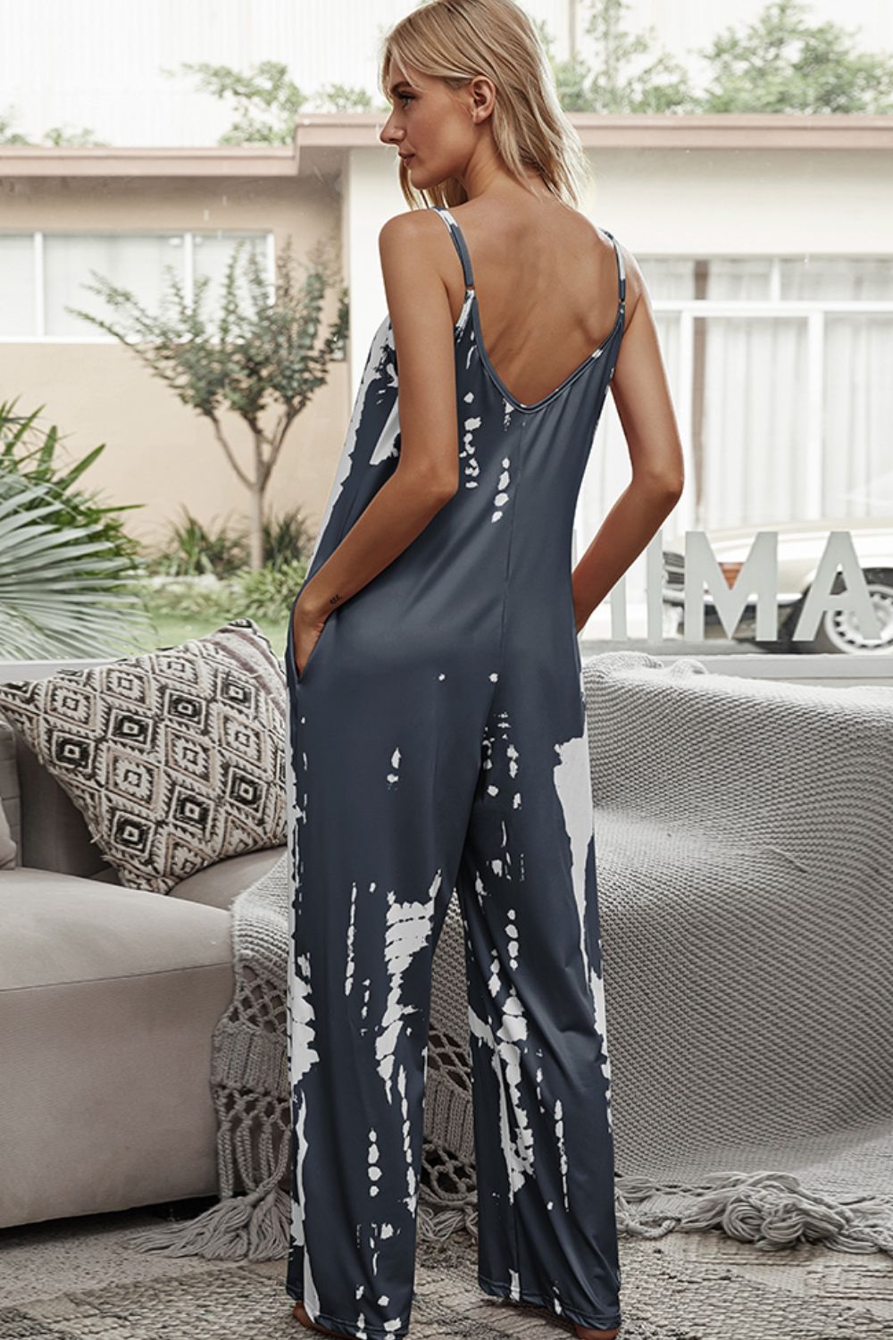 Tie-Dye Spaghetti Strap Jumpsuit with Pockets - BloomBliss.com