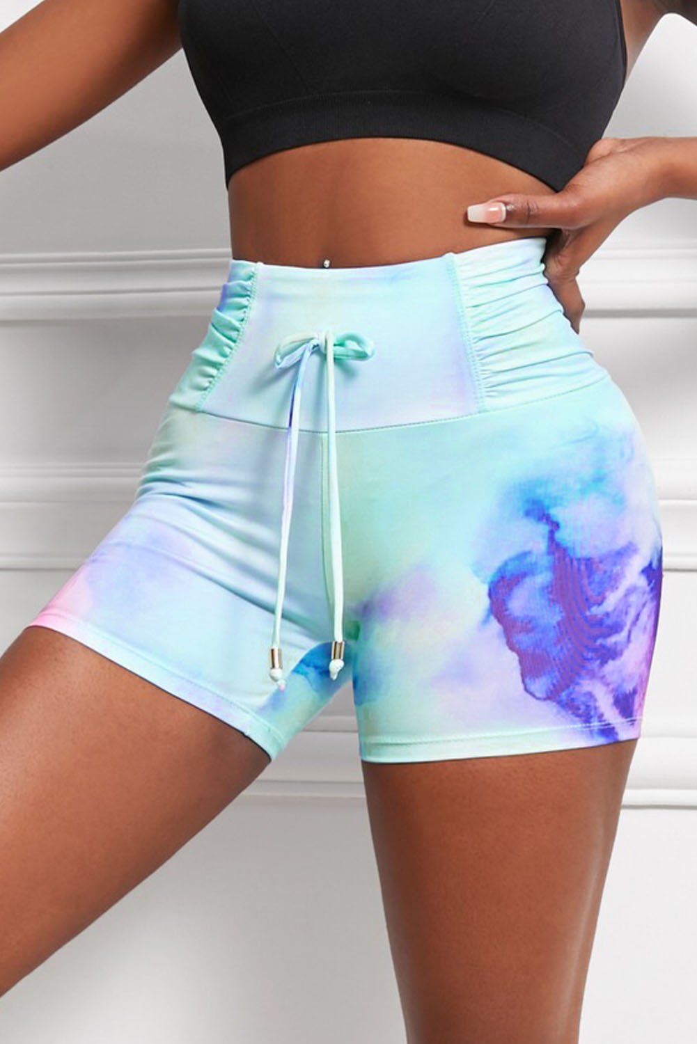Tie-Dye Tie Detail Ruched Sports Shorts - BloomBliss.com