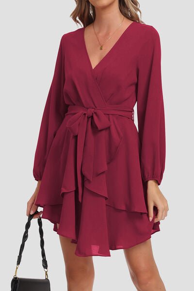 Tied Surplice Balloon Sleeve Layered Dress - BloomBliss.com
