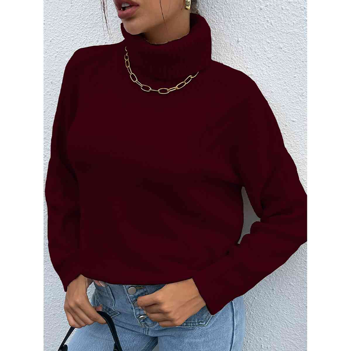 Turtleneck Dropped Shoulder Long Sleeve Sweater - BloomBliss.com