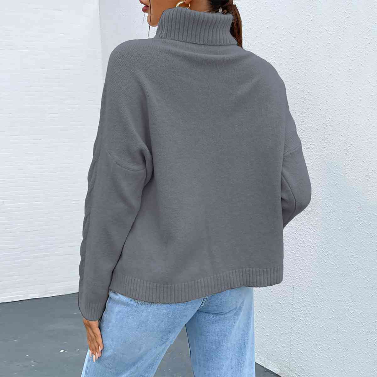 Turtleneck Dropped Shoulder Long Sleeve Sweater - BloomBliss.com