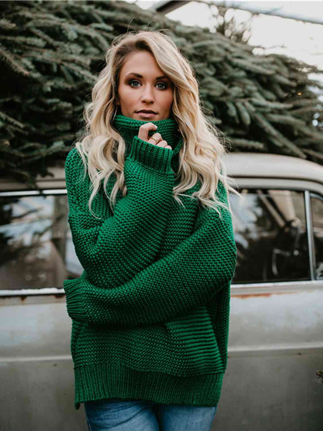 Turtleneck Dropped Shoulder Slit Sweater - BloomBliss.com