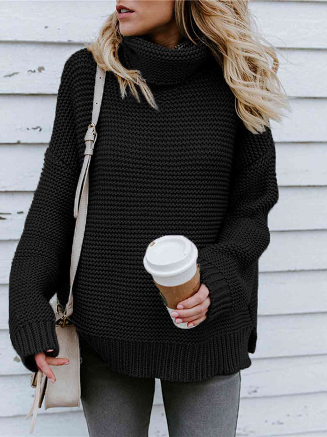 Turtleneck Dropped Shoulder Slit Sweater - BloomBliss.com