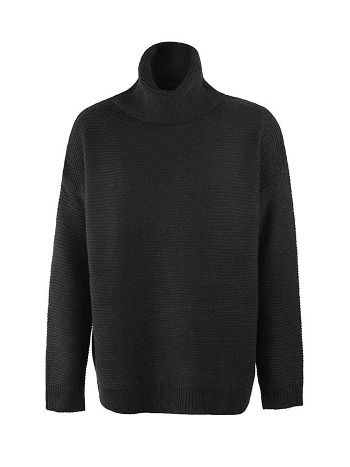 Turtleneck Dropped Shoulder Slit Sweater - BloomBliss.com
