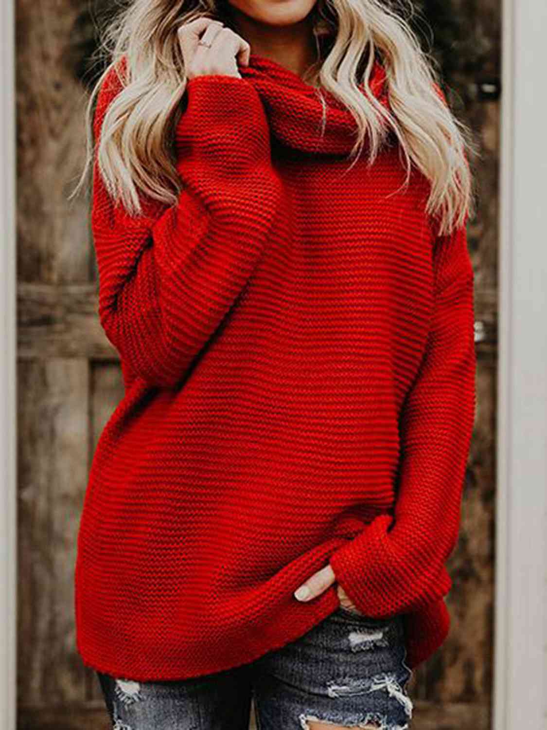 Turtleneck Dropped Shoulder Slit Sweater - BloomBliss.com