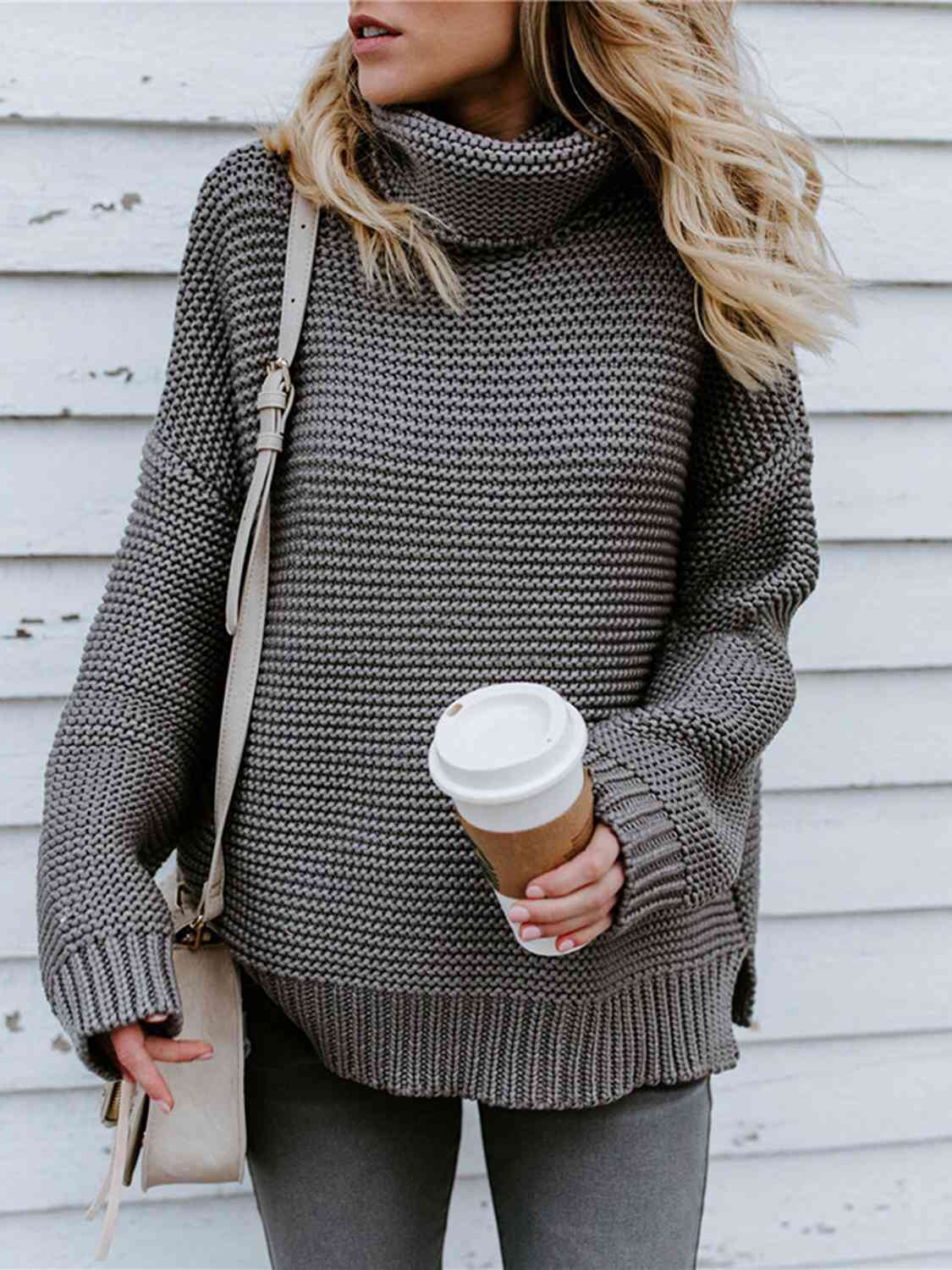 Turtleneck Dropped Shoulder Slit Sweater - BloomBliss.com