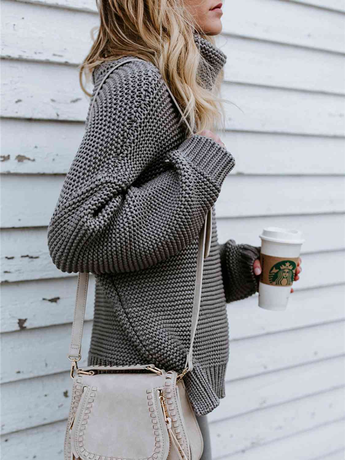 Turtleneck Dropped Shoulder Slit Sweater - BloomBliss.com