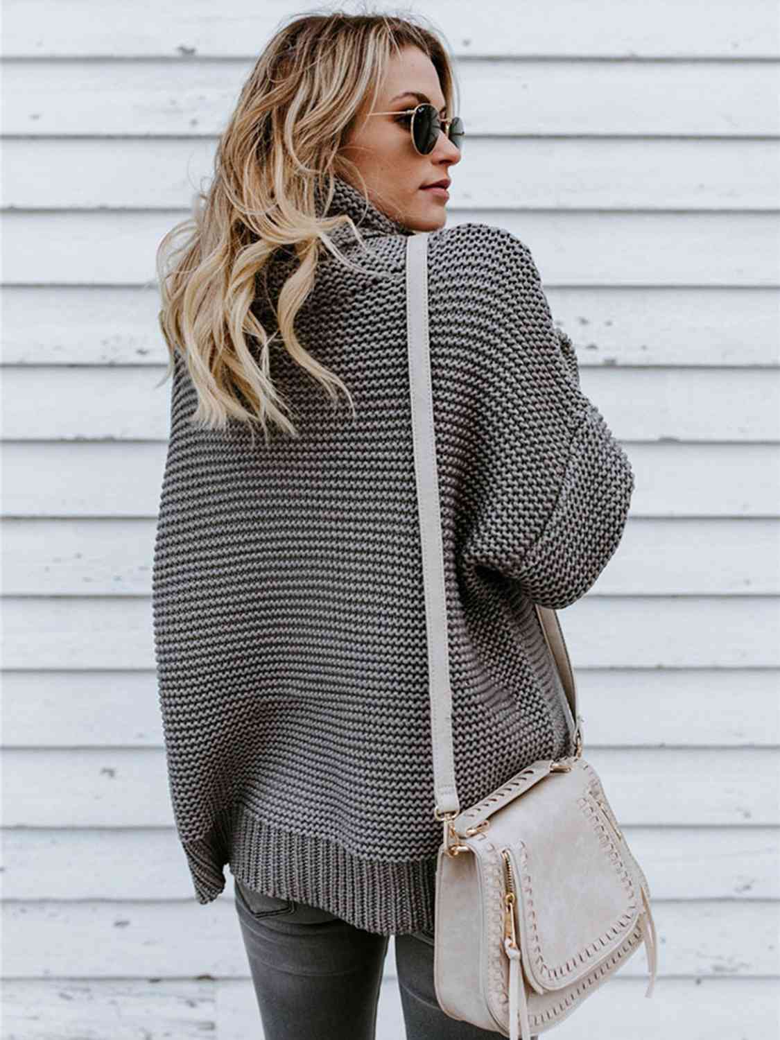 Turtleneck Dropped Shoulder Slit Sweater - BloomBliss.com