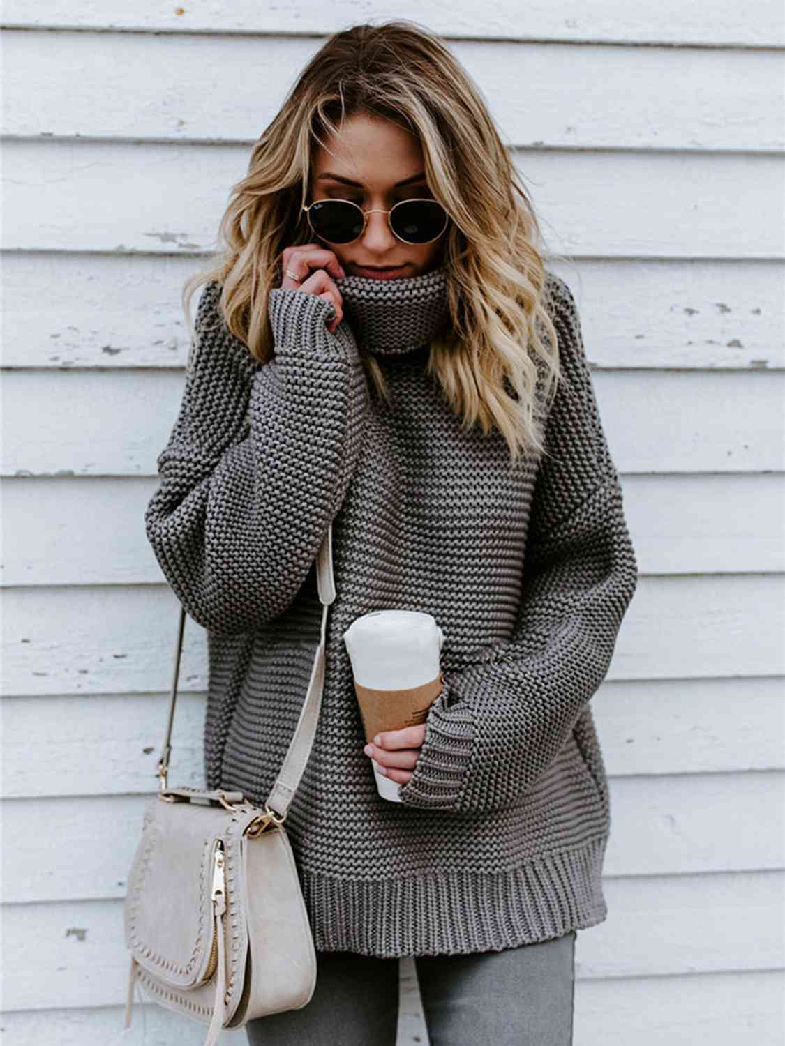 Turtleneck Dropped Shoulder Slit Sweater - BloomBliss.com