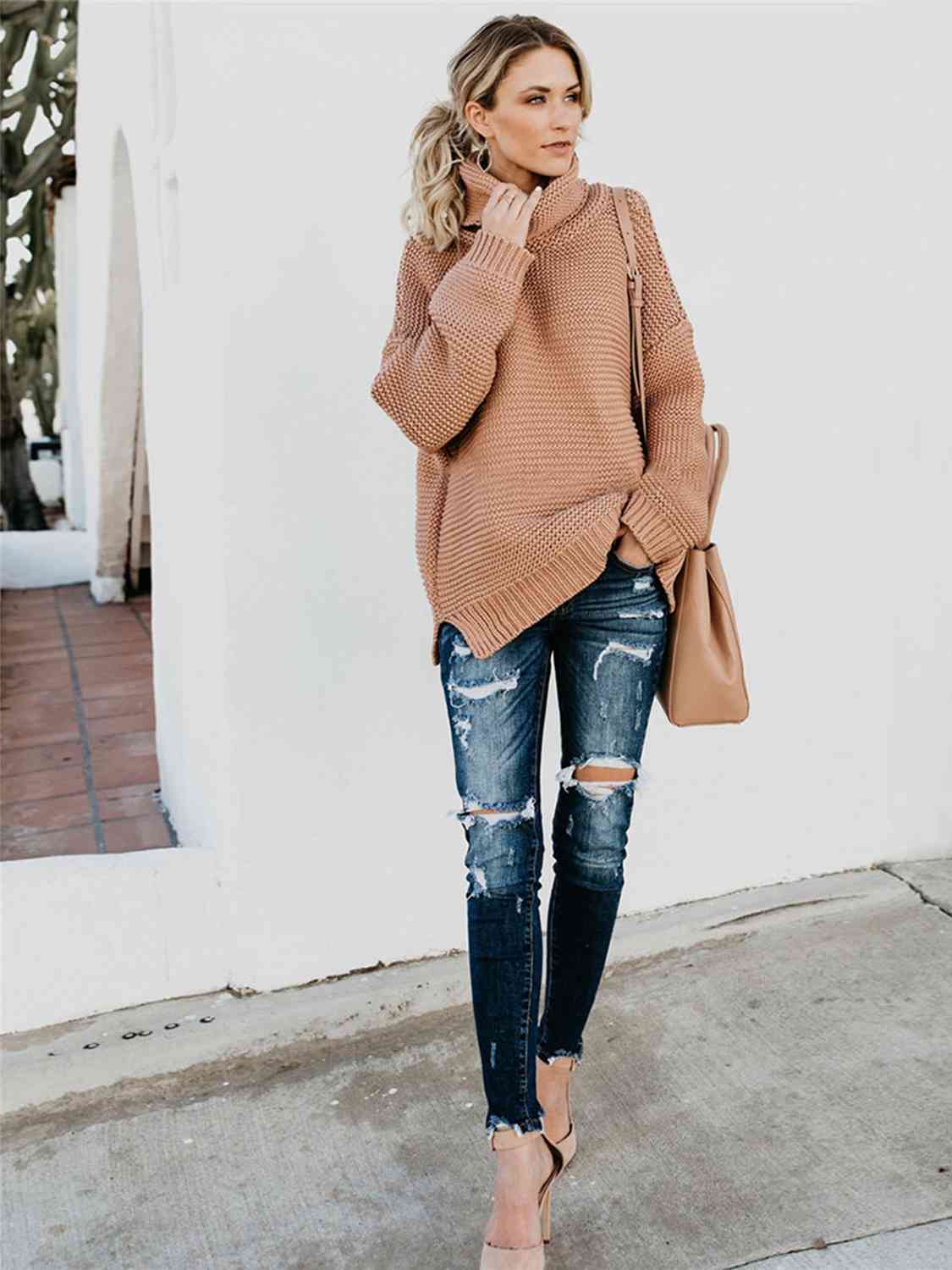 Turtleneck Dropped Shoulder Slit Sweater - BloomBliss.com