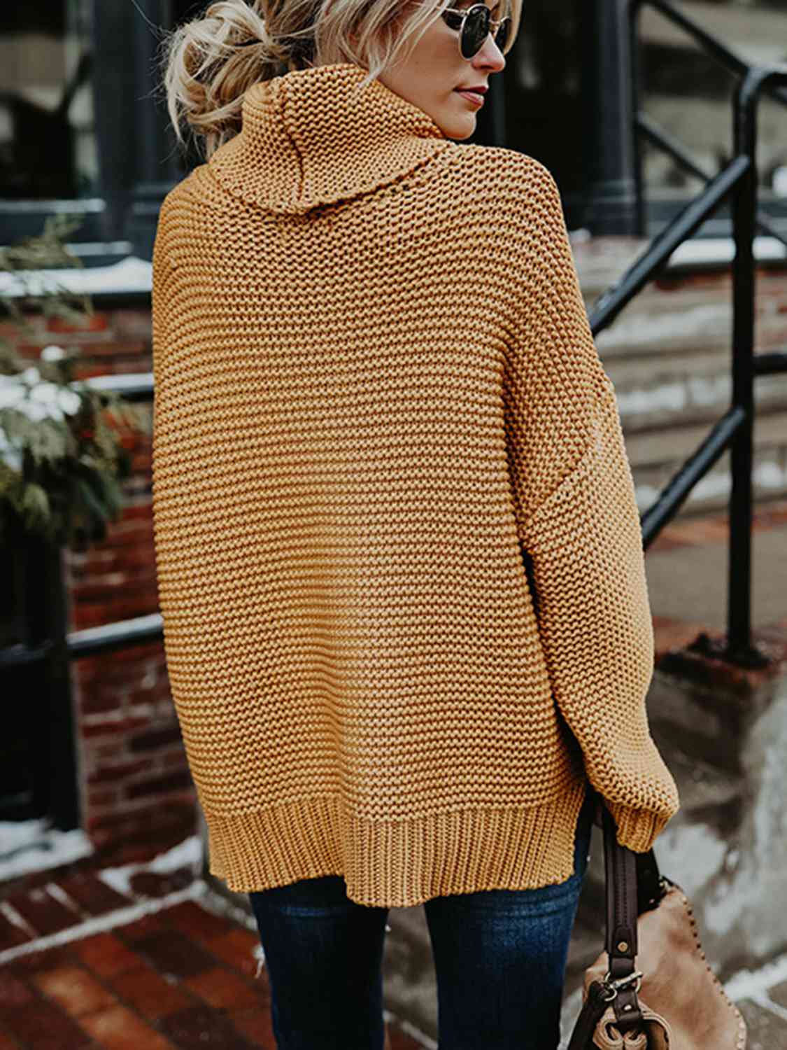 Turtleneck Dropped Shoulder Slit Sweater - BloomBliss.com