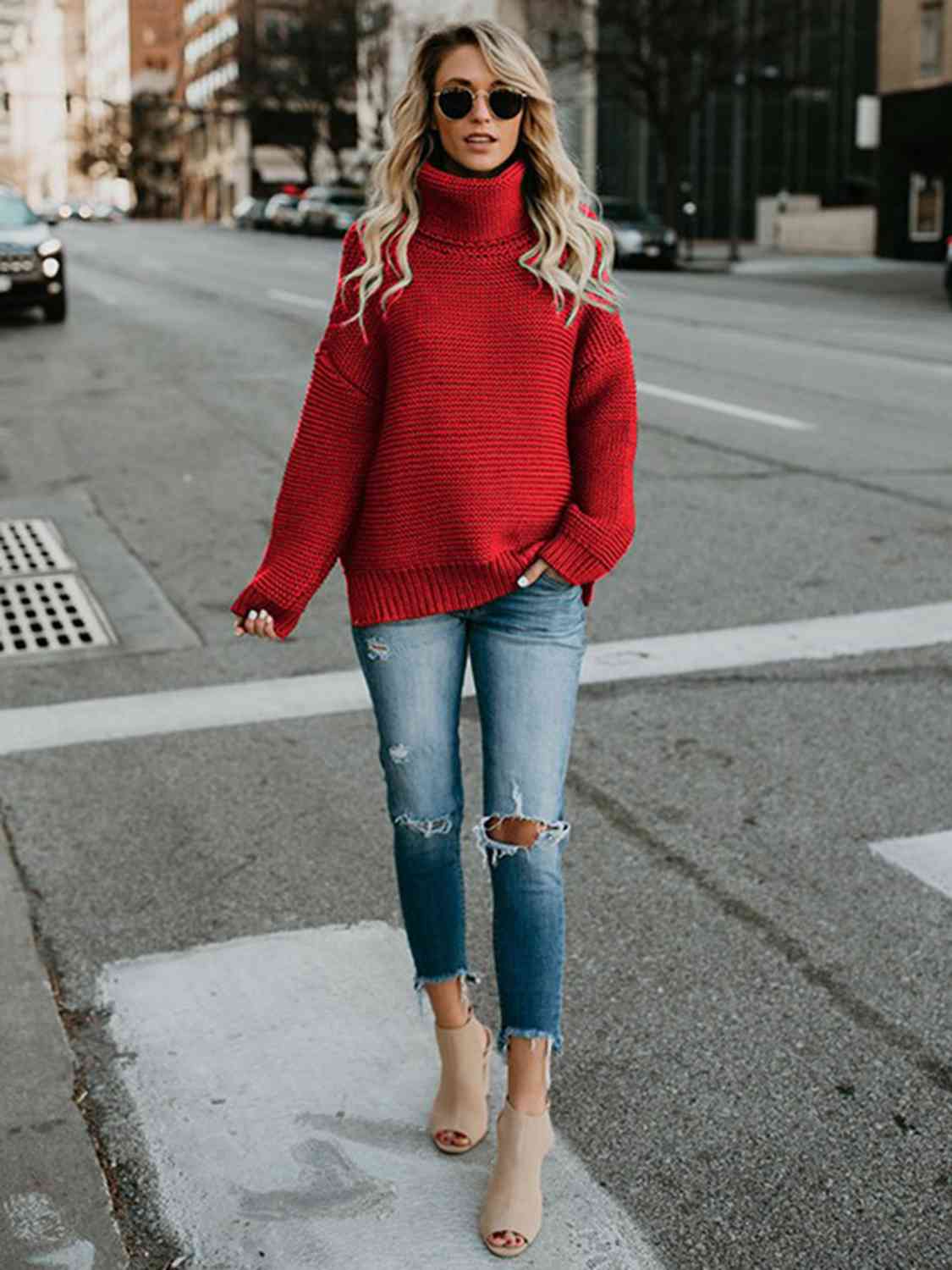 Turtleneck Dropped Shoulder Slit Sweater - BloomBliss.com