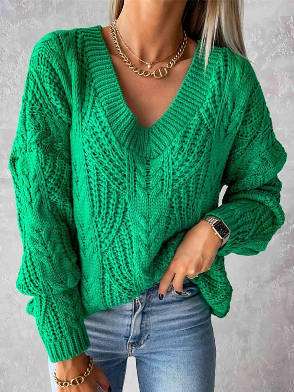 V-Neck Cable-Knit Long Sleeve Sweater - BloomBliss.com