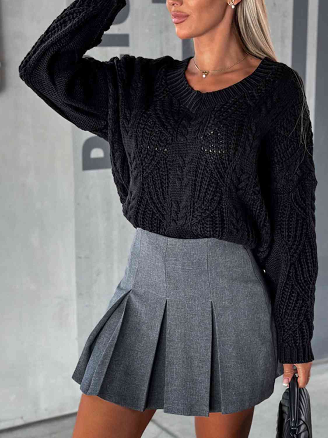 V-Neck Cable-Knit Long Sleeve Sweater - BloomBliss.com