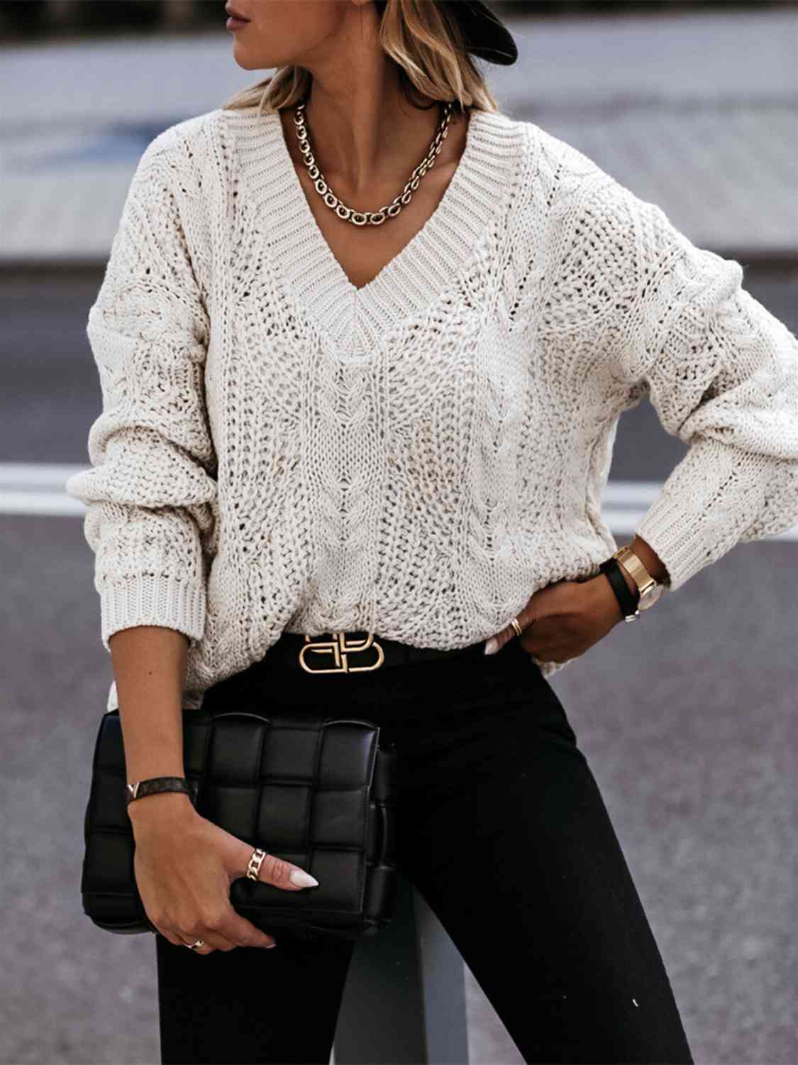 V-Neck Cable-Knit Long Sleeve Sweater - BloomBliss.com