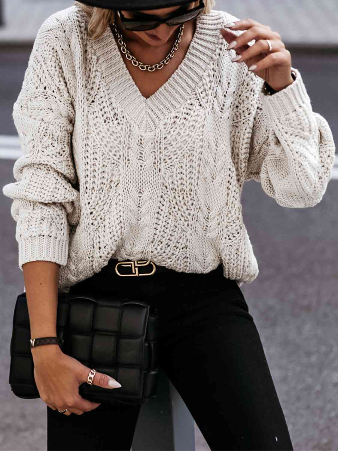 V-Neck Cable-Knit Long Sleeve Sweater - BloomBliss.com