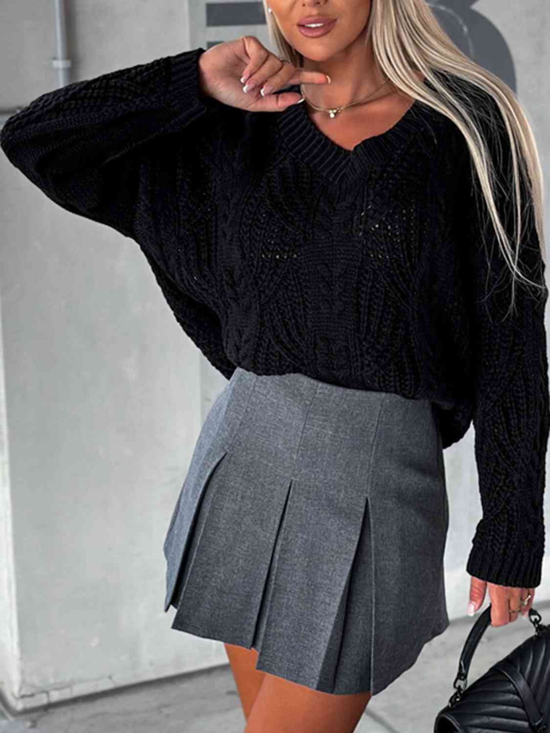 V-Neck Cable-Knit Long Sleeve Sweater - BloomBliss.com