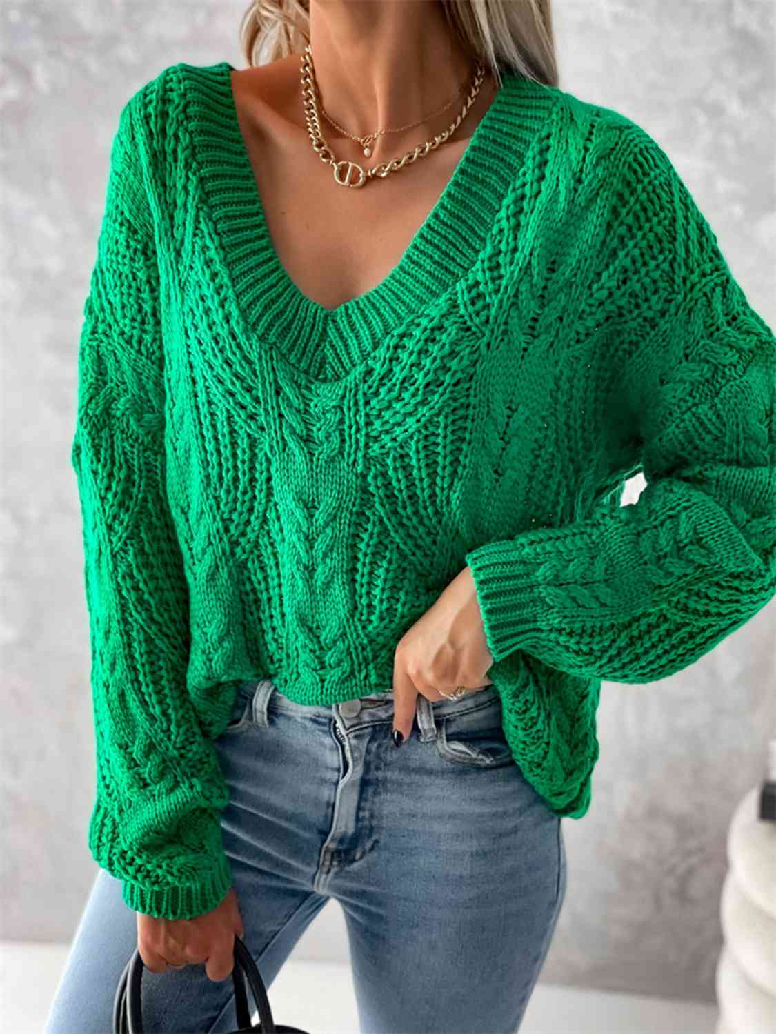 V-Neck Cable-Knit Long Sleeve Sweater - BloomBliss.com