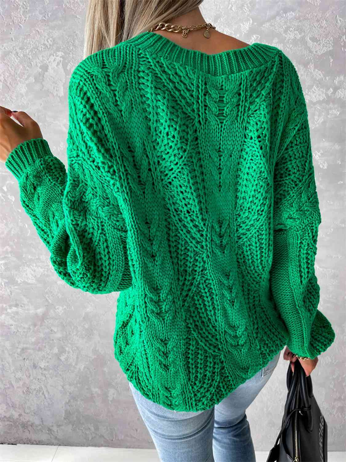 V-Neck Cable-Knit Long Sleeve Sweater - BloomBliss.com