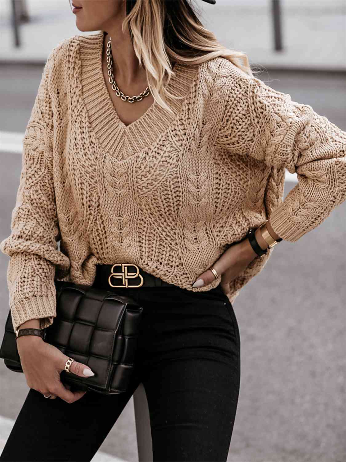 V-Neck Cable-Knit Long Sleeve Sweater - BloomBliss.com