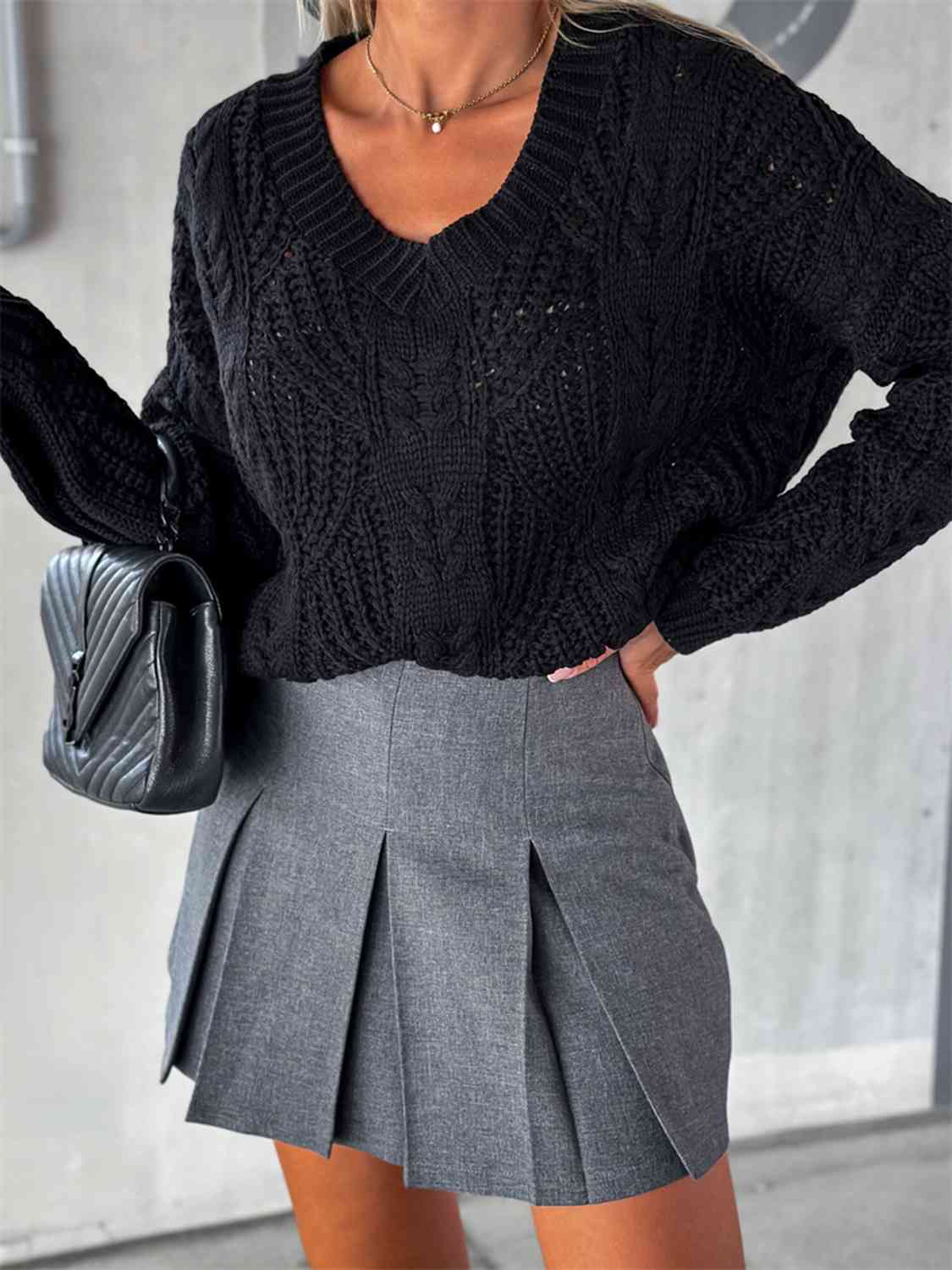 V-Neck Cable-Knit Long Sleeve Sweater - BloomBliss.com