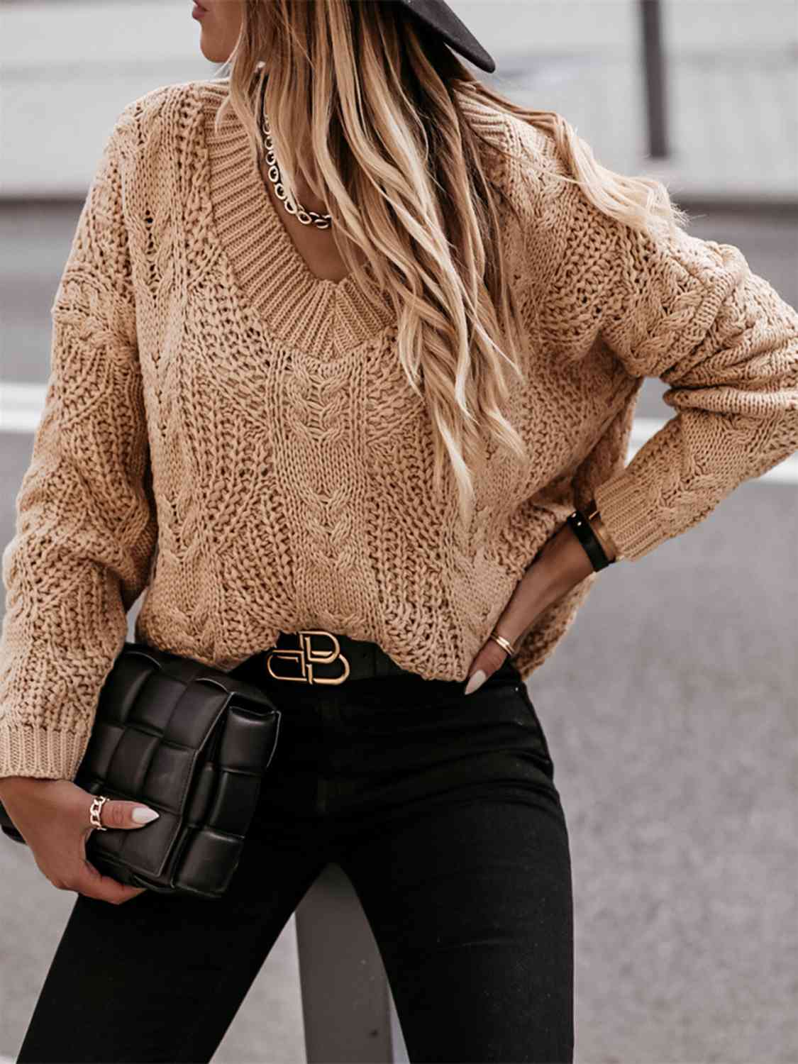 V-Neck Cable-Knit Long Sleeve Sweater - BloomBliss.com