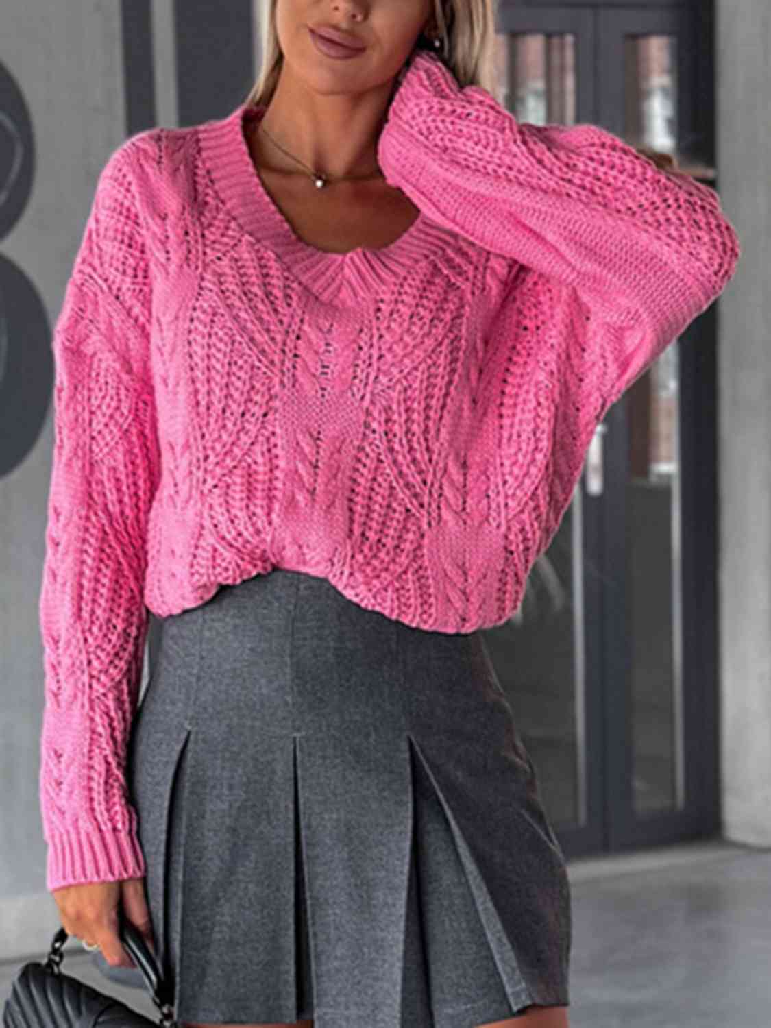V-Neck Cable-Knit Long Sleeve Sweater - BloomBliss.com