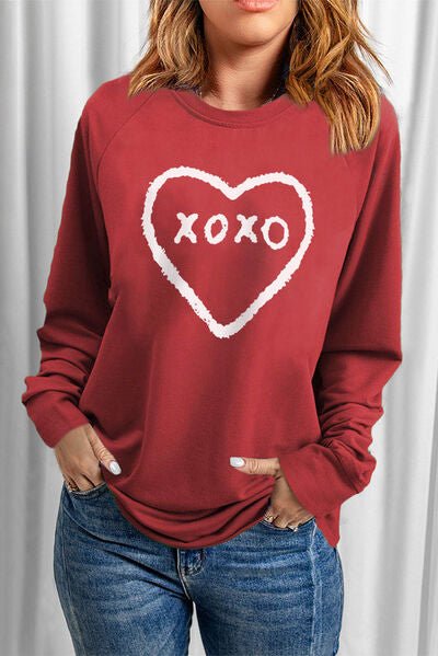 XOXO Heart Round Neck Sweatshirt - BloomBliss.com