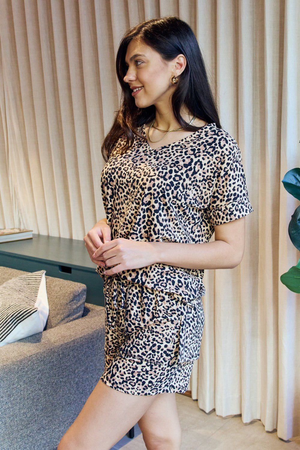 Zenana Full Size Leopard V-Neck Top and Drawstring Shorts Lounge Set - BloomBliss.com