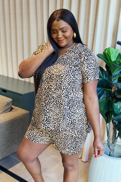 Zenana Full Size Leopard V-Neck Top and Drawstring Shorts Lounge Set - BloomBliss.com