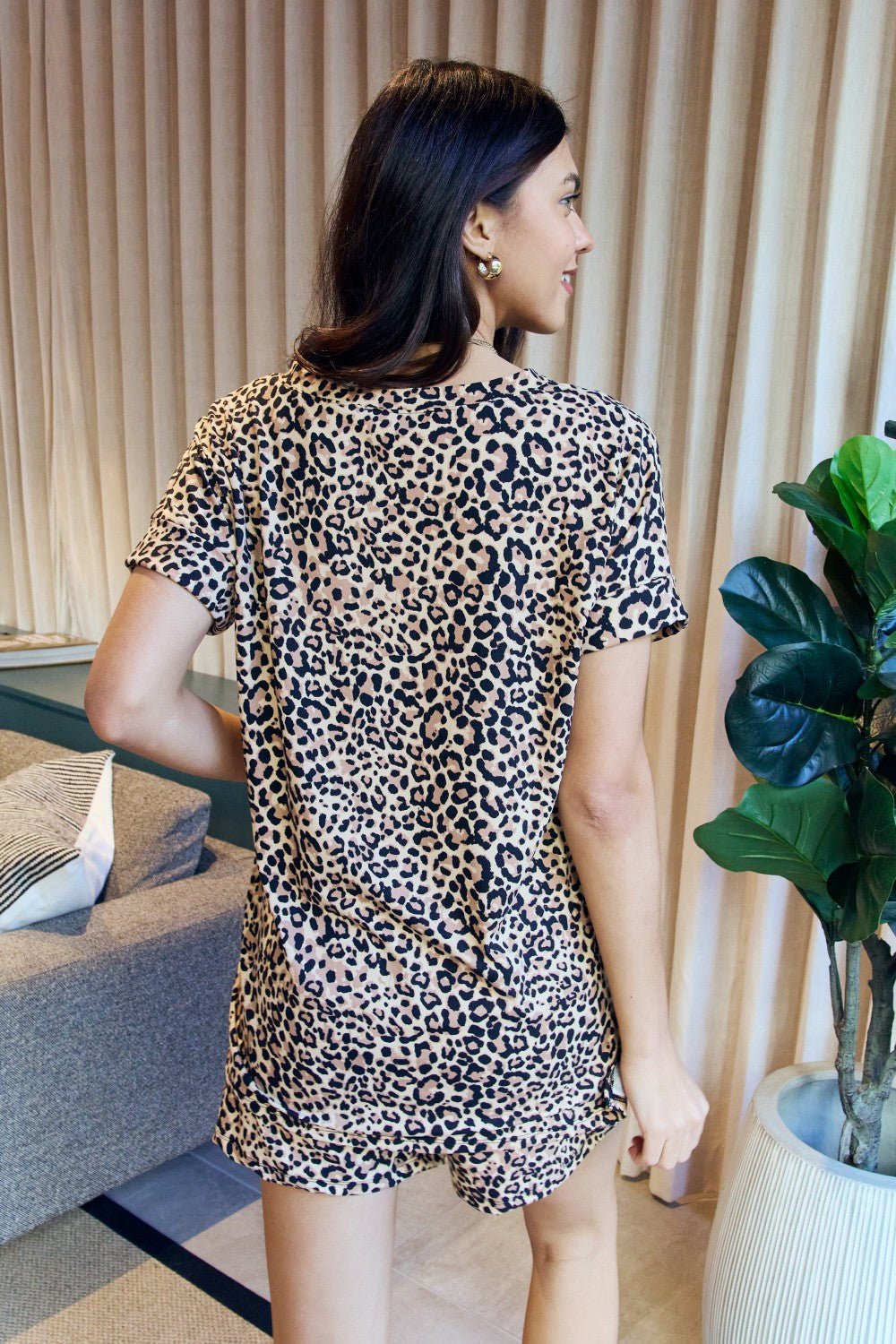 Zenana Full Size Leopard V-Neck Top and Drawstring Shorts Lounge Set - BloomBliss.com