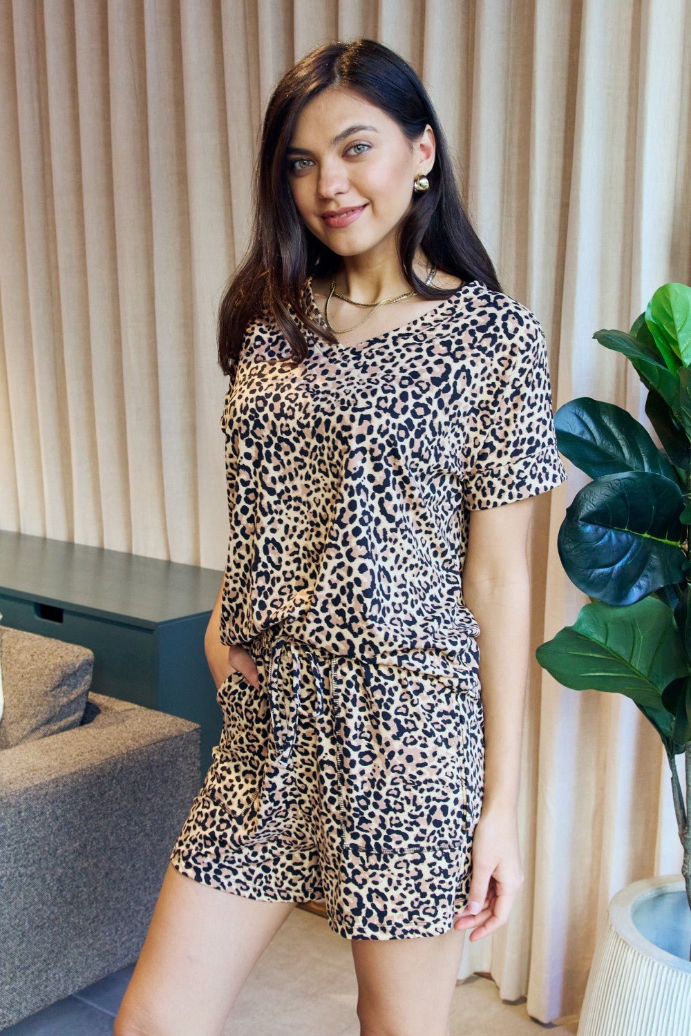 Zenana Full Size Leopard V-Neck Top and Drawstring Shorts Lounge Set - BloomBliss.com