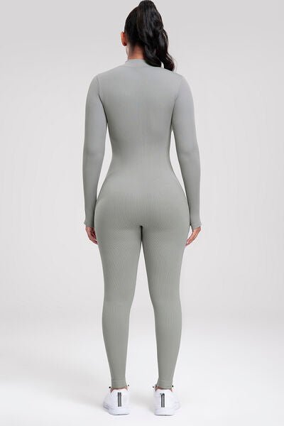 Zip Up Ribbed Long Sleeve Skinny Active Jumpsuit - BloomBliss.com