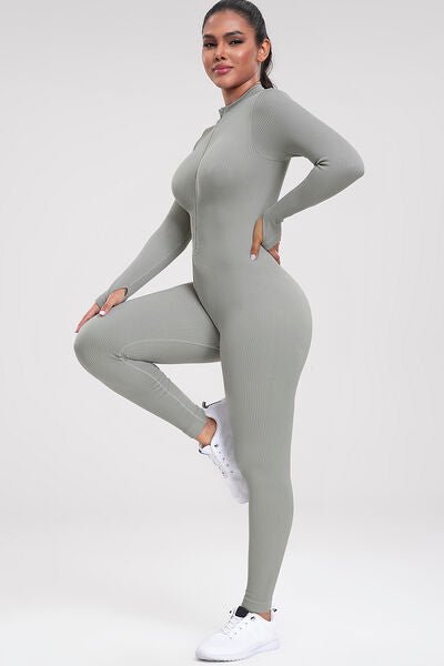 Zip Up Ribbed Long Sleeve Skinny Active Jumpsuit - BloomBliss.com